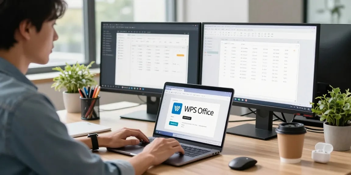 Download WPS Office on a laptop in a bright modern workspace with productivity tools.