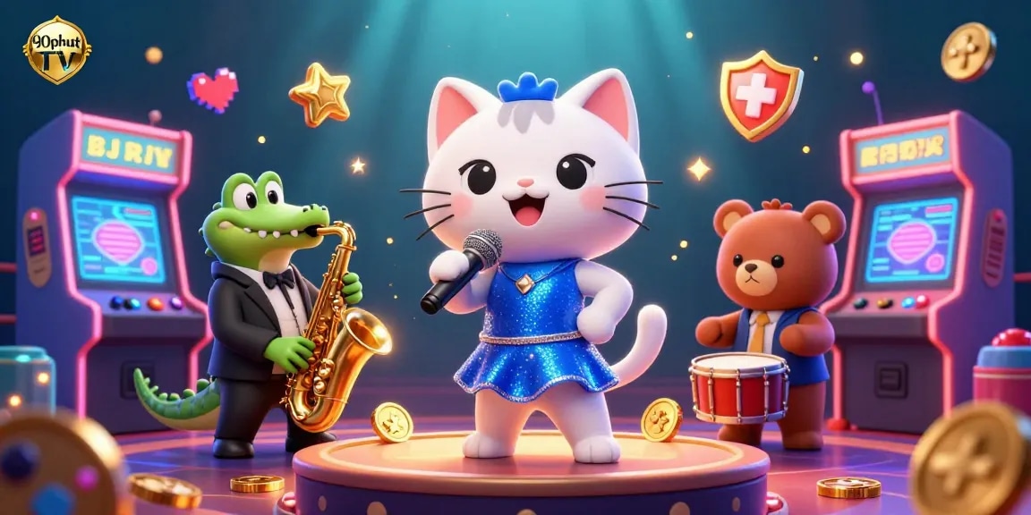 90phut tv showcases a dynamic casino scene with a singing cat, a saxophone crocodile, and a drumming bear.