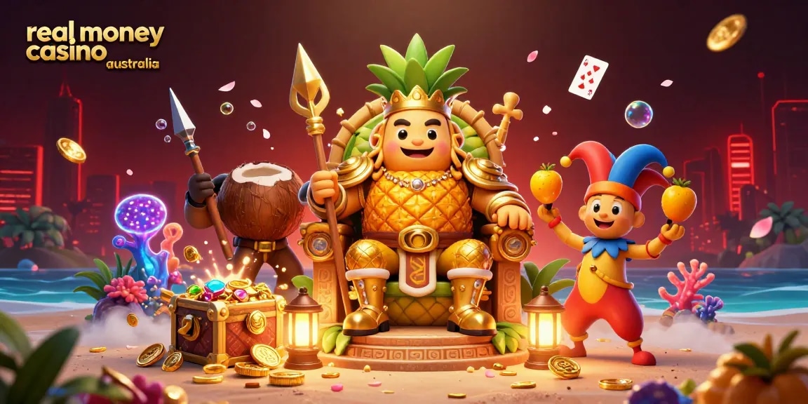 A vibrant scene depicting the golden pineapple king in a beach casino, representing real money casino australia with action elements like treasure chests and playing cards.