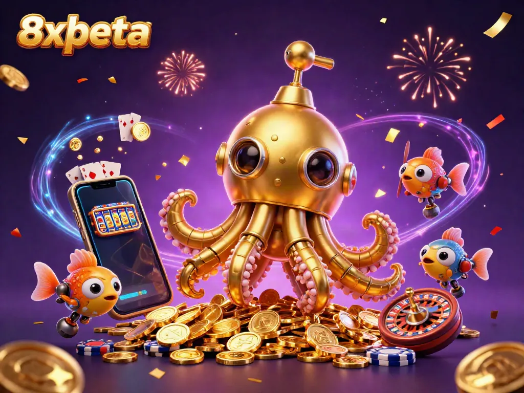 Experience thrilling gameplay with 8xbeta, featuring a golden kraken and casino elements in a vibrant 3D illustration.