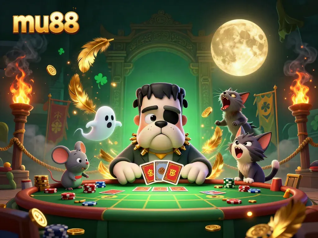 mu88 engaging gaming scene with a thrilling 3D Frankenstein bulldog dealer and ghost mouse at a casino table