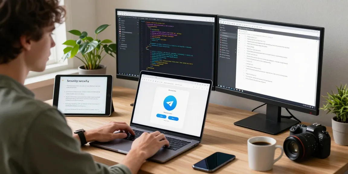 Developer using the Telegram Download app on multiple screens in a productive home office.