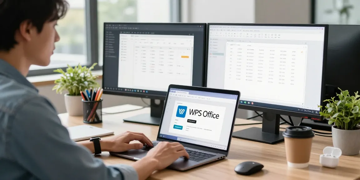 Download WPS Office on a laptop in a bright modern workspace with productivity tools.