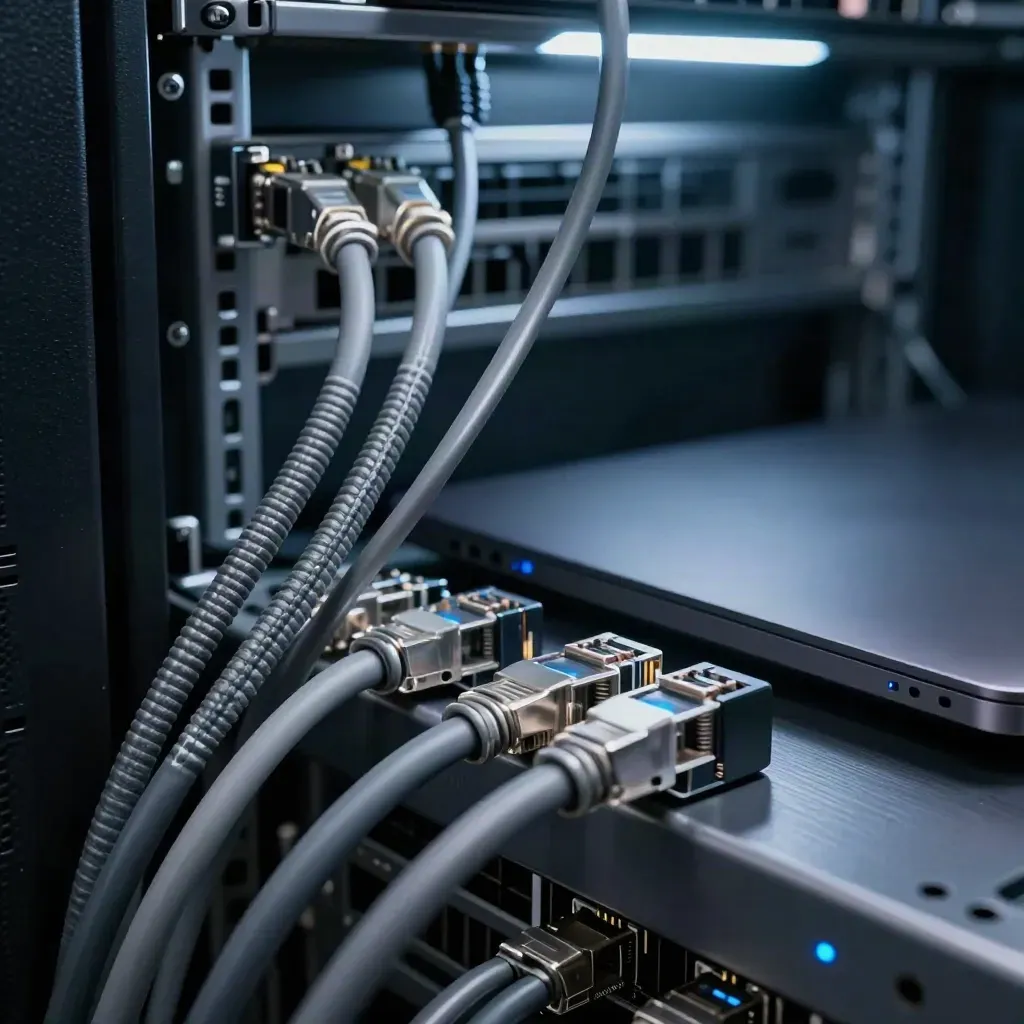 Serverhörn med blå indikatorer, kabelslang, vilande laptop och nätverksbox i kall teknisk dimma