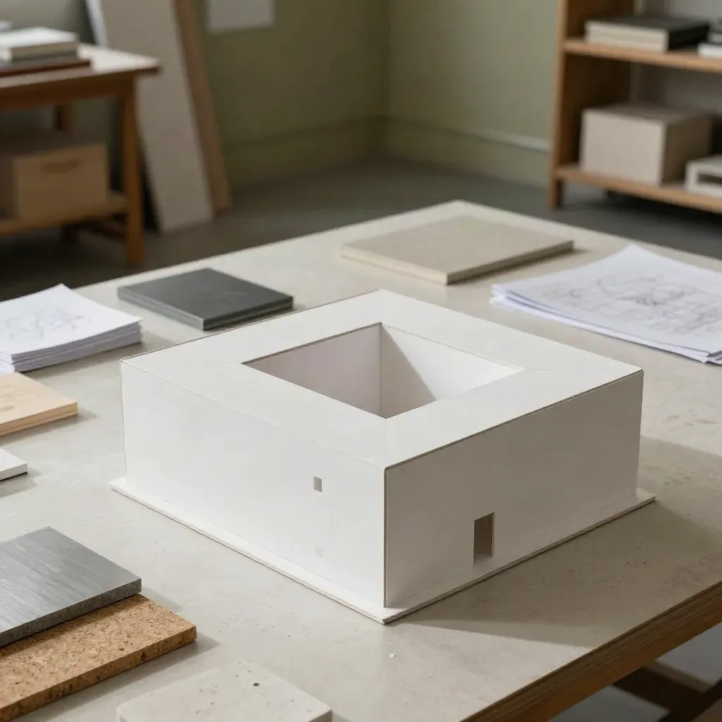 Arkitektstudio med vit byggmodell, materialprover och stort arbetsbord sedd snett ovanifrån.