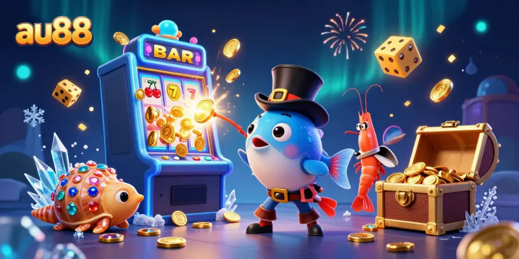 Engage with the fun of au88 as a deep-sea anglerfish, shrimp, and sea snail showcase a vibrant casino scene.