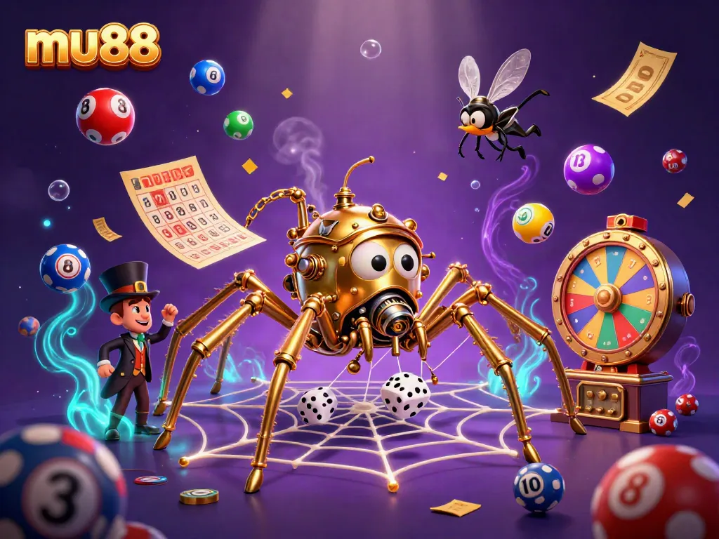 Engage in fun gaming at mu88 with a steampunk spider, vibrant lottery balls, and energized gambling elements.