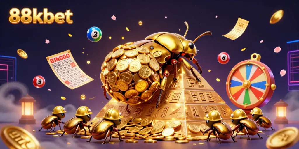 Join the fun at 88kbet with vibrant casino themes featuring golden dung beetles and prize elements.