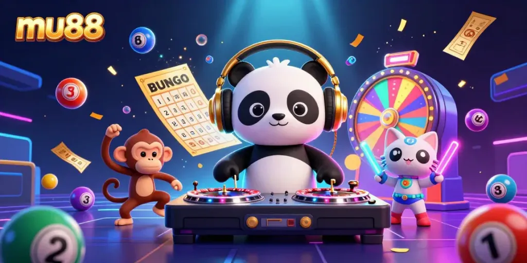Engage in a vibrant mu88-themed gaming world featuring a DJ panda and animated characters in a lively casino atmosphere.
